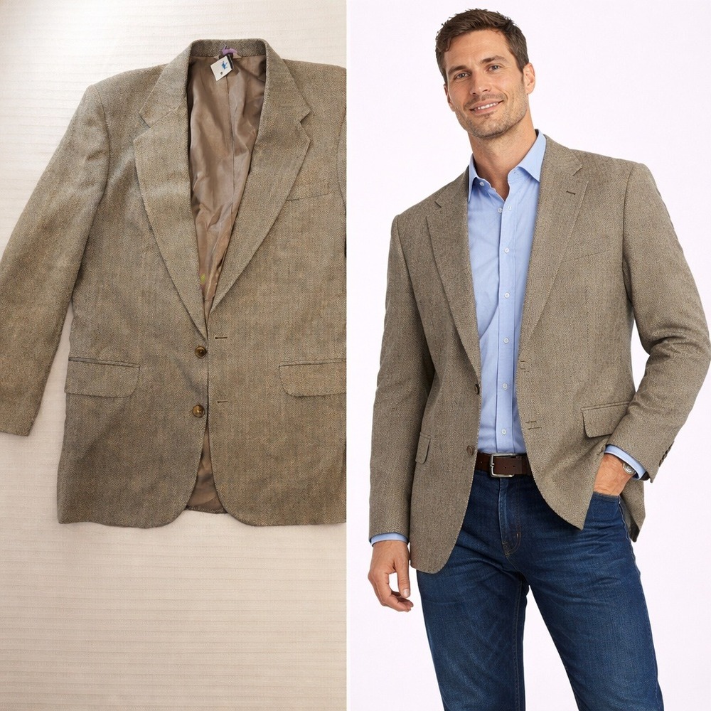 Orvis Mens 42L Herringbone Tweed Blazer Sport Coat Tan Brown Made in USA 42 Long